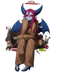 Rule 34 | 1boy, 2girls, arrow (symbol), bag, between breasts, black choker, black sclera, blue footwear, blue horns, blue skin, blue wings, blush, bone, book, bow, breasts, brown bag, brown hair, brown robe, choker, closed mouth, colored sclera, colored skin, creature, demon girl, ear blush, earrings, eyelashes, closed eyes, fingernails, gameplay mechanics, gem, hair between eyes, hand on own face, head rest, health bar, heart, heart-shaped pupils, high heels, highres, holding, holding wand, hood, hood down, horns, invisible chair, jewelry, looking up, love potion, multiple girls, nail polish, original, paper, pink bow, pointy ears, potion, price tag, red gemstone, red nails, ribs, rinotuna, robe, scratches, sign, single earring, sitting, skeleton, skull, skull earrings, sleeves past wrists, slime (creature), smile, solo focus, stuffed toy, symbol-shaped pupils, tape, treasure chest, wand, wings