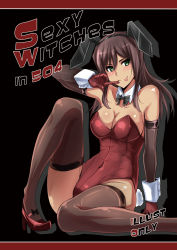Rule 34 | 1girl, :p, absurdres, bare shoulders, black background, black bow, black bowtie, black hairband, blush, bow, bowtie, breasts, brown hair, brown thighhighs, character request, cleavage, covered navel, detached collar, detached sleeves, drop shadow, gloves, green eyes, hairband, highres, large breasts, leotard, long hair, looking at viewer, playboy bunny, red footwear, red gloves, red leotard, smile, solo, strike witches, thighhighs, tongue, tongue out, ulrich (tagaragakuin), world witches series, wrist cuffs
