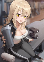 Rule 34 | 1girl, bench, blonde hair, blush, breasts, cleavage, commentary request, cup, dumbbell, exercise machine, gym, highres, holding, holding cup, jacket, large breasts, long hair, looking at viewer, mansu (user pnmp4287), navel, on bench, open mouth, original, pants, shoes, sidelocks, sitting, sneakers, solo, sweat, sweatpants, tank top, towel, yellow eyes