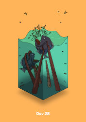 Rule 34 | absurdres, bug, commentary request, diorama, fish, gozz, highres, bug, isometric, ocean, orange background, original, paddle, shipwreck, splashing, tentacles