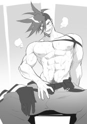 Rule 34 | 1boy, abs, arm support, asymmetrical hair, biceps, blue hair, galo thymos, gloves, unworn gloves, gradient background, greyscale, haiki (tegusu), looking at viewer, male focus, monochrome, muscular, navel, open mouth, pectorals, promare, pubic hair, sidecut, sitting, smile, solo, spiked hair, spread legs, sweat, undercut