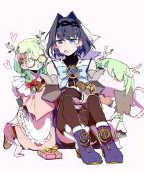 Rule 34 | 2girls, antlers, apron, blue eyes, blue hair, blush, boots, box, branch, brooch, ceres fauna, ceres fauna (new year), chain, chain headband, closed eyes, cuddling, detached sleeves, dress, flower, flustered, frills, gift, gift box, gloves, green hair, hair flower, hair ornament, hair over one eye, head chain, headdress, heart, heart-shaped box, highres, hololive, hololive english, horns, japanese clothes, jewelry, kimono, little roseus, maid apron, mole, mole under eye, multiple girls, ouro kronii, pink kimono, ribbon, ribbon earrings, shirt, short twintails, sleeveless, sleeveless shirt, smile, thighhighs, turtleneck, twintails, virtual youtuber, wide face, yellow eyes