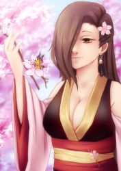 Rule 34 | 1girl, absurdres, bare shoulders, black kimono, branch, breasts, brown eyes, brown hair, bug, butterfly, cherry blossoms, cleavage, earrings, fire emblem, fire emblem fates, fire emblem heroes, flower, hair flower, hair ornament, hair over one eye, highres, hinahaii, insect, japanese clothes, jewelry, kagero (fire emblem), kimono, large breasts, long hair, ninja, nintendo, obi, pink lips, ponytail, sash, sleeveless, sleeveless kimono, smile, solo, wide sleeves