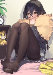 Rule 34 | 1girl, 92m, absurdres, bed, black hair, black pantyhose, blush, braid, clock, commentary, feet, frilled pillow, frills, glasses, hair between eyes, highres, hug, indoors, legs, long sleeves, no shoes, hugging object, original, pantyhose, pillow, pillow hug, pleated skirt, scarf, skirt, solo, stuffed toy, under covers, yellow eyes, yellow scarf