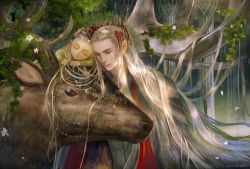Rule 34 | 2boys, blonde hair, elf, elk, family, father and son, forest, highres, king, legolas, long hair, middle earth, multiple boys, nature, pointy ears, prince, thranduil, aged down