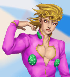 Rule 34 | 1boy, be-quieter, blonde hair, blurry, blurry background, bug, giorno giovanna, hair down, insect, jojo no kimyou na bouken, ladybug, lips, male focus, pectoral cleavage, pectorals, red eyes, solo, vento aureo, wing ornament