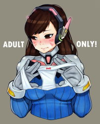 Rule 34 | 1girl, adultonly, animal print, artist name, bad id, bad pixiv id, blush, bodysuit, bow, bow panties, breasts, brown eyes, brown hair, d.va (overwatch), facepaint, facial mark, gloves, grey background, headphones, highres, holding, holding clothes, holding panties, holding underwear, looking away, looking to the side, medium breasts, overwatch, overwatch 1, panties, pilot suit, presenting removed panties, rabbit print, ribbed bodysuit, signature, simple background, solo, sweat, swept bangs, underwear, upper body, whisker markings, white gloves, white panties