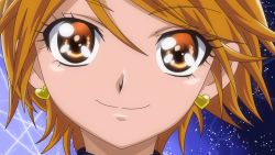 Rule 34 | 00s, 1girl, artist request, black shirt, close-up, cure black, earrings, eyelashes, futari wa precure, happy, heart, heart earrings, jewelry, looking at viewer, magical girl, matching hair/eyes, misumi nagisa, orange eyes, orange hair, portrait, precure, shirt, short hair, smile, solo