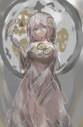 Rule 34 | 1girl, arm behind back, blue eyes, breasts, bridal veil, cleavage, clock, dress, e.g.o (project moon), faust (project moon), gears, gloves, hair ornament, highres, limbus company, multicolored background, object on breast, project moon, short hair, solo, veil, white dress, white gloves, white hair, yuqing936210