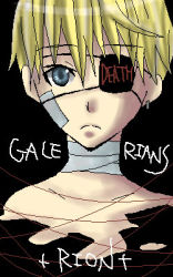 Rule 34 | 1boy, aliasing, bandages, black background, blonde hair, blue eyes, character name, copyright name, english text, eyepatch, galerians, lowres, male focus, rion (galerians), short hair, simple background, solo, tagme