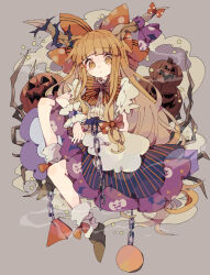 1girl :/ absurdres adapted_costume animal_print bat_print belt bow bow_legwear bowtie branch center_frills chain circle closed_mouth collared_shirt commentary_request cub expressionless frilled_cuffs frills full_body highres horn_bow horn_ornament horns ibuki_suika invisible_chair jack-o&#039;-lantern jack-o&#039;-lantern_print looking_at_viewer loose_socks nikorashi-ka orange_hair polka_dot polka_dot_bow puffy_short_sleeves puffy_sleeves purple_skirt shirt shoes short_sleeves sidelocks sitting skirt socks solo star_(symbol) striped_bow striped_bowtie striped_clothes striped_skirt thorns touhou vertical-striped_clothes vertical-striped_skirt white_shirt white_socks wrist_cuffs yellow_eyes