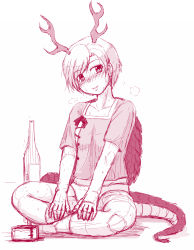 Rule 34 | 1girl, akatuki (yamina), alcohol, antlers, blush, commentary request, dragon girl, dragon horns, dragon tail, highres, horns, kicchou yachie, looking at viewer, monochrome, pants, shirt, short hair, short sleeves, simple background, sketch, smile, tail, touhou, turtle shell, white background