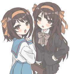 2girls black_jacket black_skirt blue_skirt bob_cut bow bowtie brown_bow brown_bowtie brown_eyes brown_hair clone dual_persona hairband hand_on_own_hip highres jacket kita_high_school_uniform kouyouen_academy_school_uniform long_hair looking_at_viewer looking_back multiple_girls nanonome official_alternate_costume official_alternate_hair_length official_alternate_hairstyle orange_hairband school_uniform shirt short_hair skirt suzumiya_haruhi suzumiya_haruhi_no_shoushitsu suzumiya_haruhi_no_yuuutsu very_long_hair white_background white_shirt winter_uniform