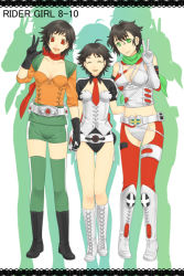 Rule 34 | 3girls, :d, ^ ^, bare shoulders, belt, black footwear, black gloves, black hair, boots, breasts, closed eyes, closed mouth, collarbone, crop top, cross-laced footwear, detached collar, elbow gloves, full body, gloves, green legwear, green scarf, green shorts, groin, head tilt, height difference, holding hands, interlocked fingers, kamen rider, kamen rider super-1, kamen rider zx, knee boots, lace-up boots, leotard, long sleeves, looking at viewer, medium breasts, multiple girls, navel, necktie, open mouth, red eyes, red necktie, red scarf, rider-tan, scarf, short hair, shorts, silhouette, simple background, skyrider, sleeveless, sleeves pushed up, small breasts, smile, standing, stomach, thigh gap, thighhighs, v, white background, white footwear, white gloves, yamamaru