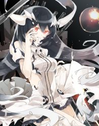 Rule 34 | 10s, 1girl, abyssal ship, anchorage water oni, bare shoulders, black hair, black skirt, chibirisu, dress, highres, horns, kantai collection, long hair, pleated skirt, red eyes, revision, skirt, solo, twitter username, white dress