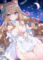 Rule 34 | 1girl, absurdres, animal ear fluff, animal ears, bare shoulders, blue eyes, blurry, blurry foreground, blush, breasts, brown hair, cat ears, cat girl, cat tail, cheli (kso1564), cleavage, cloud, commentary request, crescent moon, depth of field, dress, flower, grey ribbon, highres, long hair, looking at viewer, medium breasts, moon, night, night sky, outdoors, parted lips, ribbon, sakurai hana, signature, sky, smile, solo, star (sky), starry sky, tail, tail ornament, tail ribbon, vdonburi, very long hair, virtual youtuber, white dress, white flower