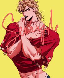 Rule 34 | 1boy, abs, black lips, black nails, blonde hair, dio brando, highres, jojo no kimyou na bouken, licking lips, long hair, makeup, male focus, midriff, muscular, muscular male, pectorals, red shirt, scar, scar on neck, shenshan laolin, shirt, short sleeves, simple background, solo, stardust crusaders, tongue, tongue out, yellow background, yellow eyes