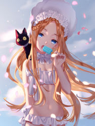 Rule 34 | 1girl, abigail williams (fate), abigail williams (swimsuit foreigner) (fate), abigail williams (swimsuit foreigner) (third ascension) (fate), bare shoulders, bikini, black cat, blonde hair, blue eyes, blue sky, bonnet, bow, braid, braided hair rings, breasts, cat, eating, fate/grand order, fate (series), food, forehead, hair bow, hair rings, highres, littleamber, long hair, looking at viewer, miniskirt, navel, open mouth, parted bangs, petals, popsicle, sidelocks, skirt, sky, small breasts, swimsuit, twin braids, twintails, very long hair, white bikini, white bow, white headwear
