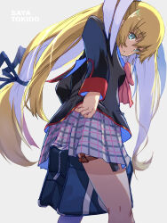 Rule 34 | 1girl, akayama yukihe, aqua eyes, backlighting, black bag, black jacket, black ribbon, blazer, blonde hair, bow, character name, closed mouth, commentary request, cowboy shot, eyes visible through hair, from below, frown, grey background, grey skirt, hair between eyes, hair ribbon, highres, holster, jacket, little busters!, little busters! school uniform, long hair, long sleeves, looking at viewer, looking down, low-tied long hair, miniskirt, pink bow, plaid, plaid skirt, pleated skirt, ribbon, school uniform, simple background, skirt, solo, standing, straight hair, thigh holster, thighs, tokido saya, two side up, very long hair, white ribbon