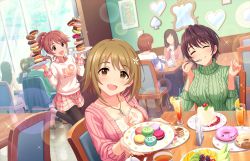 Rule 34 | 10s, ankle boots, artist request, blush, boots, breasts, brown eyes, brown hair, cardigan, cleavage, closed eyes, collarbone, cup, doughnut, drink, drinking glass, eating, eyelashes, faceless, flower, food, fruit, hair flower, hair ornament, idolmaster, idolmaster cinderella girls, idolmaster cinderella girls starlight stage, jewelry, large breasts, looking at viewer, macaron, mimura kanako, mirror, necklace, official art, oikawa shizuku, open mouth, pantyhose, plate, plump, ponytail, red hair, shiina noriko, short hair, sitting, skirt, smile, sweater, sweets, table, teacup, teapot, turtleneck, turtleneck sweater