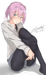 Rule 34 | 1girl, alternate costume, bad id, bad twitter id, black pantyhose, blue eyes, commentary request, dated, grey jacket, grey shorts, hood, hooded jacket, hoodie, jacket, kantai collection, looking at viewer, one-hour drawing challenge, pallad, pantyhose, pink hair, ponytail, shiranui (kancolle), short hair, shorts, signature, sitting, solo