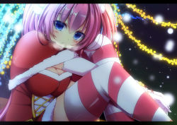 Rule 34 | 1girl, bloodcatblack, blue eyes, blurry, blush, breasts, breath, christmas, cleavage, depth of field, fur trim, highres, hugging own legs, letterboxed, long hair, looking at viewer, night, original, santa costume, sitting, snow, solo, striped clothes, striped legwear, striped thighhighs, thighhighs