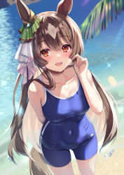 Rule 34 | 1girl, animal ears, arm behind back, blue one-piece swimsuit, blurry, blurry background, blush, breasts, brown hair, cleavage, collarbone, commentary request, covered navel, hand up, highres, holding, holding hair, horse ears, horse girl, horse tail, kaneki yushi, large breasts, long hair, looking at viewer, multicolored hair, one-piece swimsuit, open mouth, orange eyes, palm tree, revision, satono diamond (umamusume), school swimsuit, solo, sparkle, standing, swimsuit, tail, tree, two-tone hair, umamusume, water, wet
