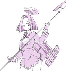 Rule 34 | 10s, 1girl, glaive (polearm), halberd, halo, kantai collection, looking at viewer, mechanical halo, monochrome, personification, pleated skirt, polearm, seo tatsuya, short hair, skirt, smile, solo, tatsuta (kancolle), weapon