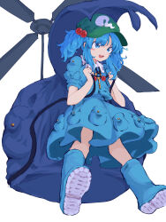 Rule 34 | 1girl, absurdres, bag, blue eyes, blue footwear, blue hair, blue shirt, blue skirt, blush stickers, boots, dress, full body, green hat, hair bobbles, hair ornament, hat, highres, kawashiro nitori, medium hair, mugi (mugimugi 9kv), open mouth, pocket, puffy short sleeves, puffy sleeves, rubber boots, shirt, short sleeves, short twintails, simple background, skirt, solo, touhou, twintails, two side up, urban legend in limbo, white background