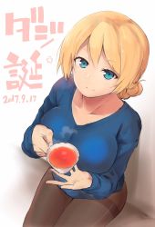 Rule 34 | 10s, 1girl, against wall, blonde hair, blue sweater, braid, breasts, collarbone, cup, darjeeling (girls und panzer), dated, french braid, girls und panzer, highres, large breasts, long sleeves, looking at viewer, looking up, muteki soda, pantyhose, short hair, sitting, sleeves past wrists, smile, solo, sweater, tea, teacup, thighband pantyhose, translation request