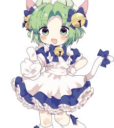 Rule 34 | 1girl, :d, animal ears, animal hat, apron, bell, blue bow, blue dress, blush, bow, cat ears, cat hat, cat tail, dejiko, di gi charat, dress, green eyes, green hair, hair bell, hair ornament, hand on own hip, haruno (hrn 1125i), hat, highres, index finger raised, jingle bell, looking at viewer, maid apron, mittens, open mouth, parted bangs, short hair, simple background, smile, solo, standing, tail, tail bow, tail ornament, white apron, white background, white footwear, white mittens
