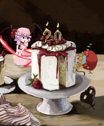 Rule 34 | 103anon, 2girls, absurdres, bat wings, birthday cake, biting, black eyes, blonde hair, brown background, cake, cake stand, candle, chibi, cloth, commentary, crystal, danlamdae, dress, fang, flandre scarlet, flying, food, frilled sleeves, frills, fruit, hat, hat ribbon, highres, laevatein (touhou), mob cap, multiple girls, open mouth, pink dress, plate, puffy short sleeves, puffy sleeves, purple hair, red ribbon, red skirt, remilia scarlet, ribbon, sharp teeth, short hair, short sleeves, skirt, smile, spear the gungnir, strawberry, table, teeth, touhou, white headwear, wings, wooden table