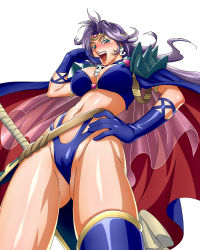 Rule 34 | 1girl, bikini, blue eyes, breasts, cape, circlet, covered erect nipples, dynamite-kit, from below, gloves, large breasts, laughing, long hair, md5 mismatch, multicolored clothes, naga the serpent, ojou-sama pose, open mouth, purple hair, revealing clothes, scabbard, sheath, shoulder pads, slayers, solo, swimsuit, white background