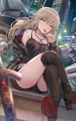 Rule 34 | 1girl, artoria pendragon (all), artoria pendragon (fate), bare shoulders, belt, black camisole, black footwear, black jacket, black ribbon, black shorts, blonde hair, blush, boots, breasts, camisole, candy, cityscape, collarbone, cross, cross necklace, crossed legs, excalibur morgan (fate), fate/grand order, fate (series), food, hair between eyes, hair ribbon, high heel boots, high heels, highres, jacket, jewelry, knee boots, licking, lollipop, long hair, long sleeves, looking at viewer, low ponytail, motor vehicle, motorcycle, necklace, night, night sky, off shoulder, official alternate costume, open clothes, open jacket, ribbon, saber alter, saber alter (ver. shinjuku 1999) (fate), short shorts, shorts, sidelocks, sitting, sky, small breasts, solo, sword, thighs, tongue, tongue out, torino aqua, weapon, white belt, yellow eyes