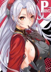 Rule 34 | 1girl, azur lane, blush, breasts, character name, commentary request, english text, engrish text, eyes visible through hair, finger to mouth, gloves, hair between eyes, headgear, long hair, long sleeves, looking at viewer, mole, mole on breast, parted lips, prinz eugen (azur lane), ranguage, sakiyamama, sideboob, signature, silver hair, smile, solo, upper body, yellow eyes