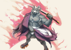 Rule 34 | 10s, 2011, bara, claws, fundoshi, furry, highres, japanese clothes, katana, muscular, null-ghost, red eyes, samurai, scar, simple background, sword, weapon, wolf