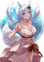 Rule 34 | 1girl, animal ear fluff, animal ears, bare shoulders, belt, blue eyes, breasts, brown belt, camisole, cleavage, collarbone, d-pad, d-pad hair ornament, floating hair, fox ears, fox girl, fox tail, grin, hair ornament, hairclip, highres, jewelry, large breasts, long hair, looking at viewer, ltsum, meridian project, mizuki (vtuber), necklace, official alternate costume, pink camisole, pink skirt, skirt, skirt set, smile, solo, spaghetti strap, tail, virtual youtuber, white hair