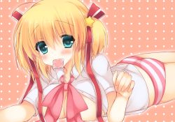 Rule 34 | 1girl, blonde hair, condom, condom in mouth, condom wrapper, green eyes, kamikita komari, little busters!, lying, mouth hold, on stomach, panties, school uniform, short hair, striped clothes, striped panties, suzunone rena, underwear