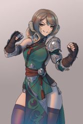 Rule 34 | 1girl, armor, warrior of light (ff14), black gloves, black thighhighs, breasts, brown eyes, brown hair, commission, cowboy shot, dated, dress, elbow gloves, facial mark, final fantasy, final fantasy xiv, fingerless gloves, gloves, green dress, grey background, highres, horns, long hair, looking at viewer, medium breasts, monk (final fantasy), muscular, muscular female, pelvic curtain, red sash, sash, sharp teeth, shoulder armor, signature, simple background, smile, solo, teeth, thighhighs, zhvo