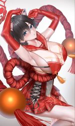 Rule 34 | 1girl, animal ear fluff, animal ears, armpits, arms up, black hair, blue archive, blush, breast curtain, breasts, collarbone, commentary request, elbow gloves, gloves, green eyes, highres, japanese clothes, kos-owl, large breasts, looking at viewer, parted lips, pleated skirt, red gloves, revealing clothes, rope, sailor collar, shiny clothes, short hair, simple background, skirt, sleeveless, solo, thighs, tsubaki (blue archive)
