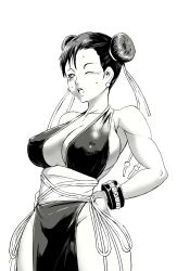 Rule 34 | 1girl, bare legs, breasts, capcom, chinese clothes, chun-li, cleavage, covered erect nipples, curvy, double bun, dress, hair bun, hands on own hips, highres, large breasts, mature female, monochrome, official alternate costume, one eye closed, open mouth, pelvic curtain, revealing clothes, shimotsuki juugo, sideboob, solo, standing, street fighter, street fighter iv (series), sweat, thick thighs, thighhighs, thighs, toned, wide hips