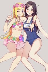 Rule 34 | 2girls, absurdres, bikini, bikini skirt, black hair, blonde hair, blue one-piece swimsuit, blush, bracelet, breasts, brown eyes, cleavage, earrings, flower, fujimoto rina, grey background, hair flower, hair ornament, hand on another&#039;s shoulder, heart, heart earrings, highres, idolmaster, idolmaster cinderella girls, idolmaster cinderella girls starlight stage, jewelry, large breasts, long hair, midriff, mukai takumi, multiple girls, navel, necklace, one-piece swimsuit, one eye closed, open mouth, pointing, pointing up, purple eyes, school swimsuit, shangzi, simple background, swimsuit, tongue, tongue out, twitter username, white one-piece swimsuit