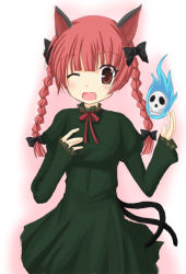 Rule 34 | 1girl, animal ears, black bow, blush, bow, braid, brown eyes, cat ears, cat tail, commentary request, dress, fire, floating, graphite (medium), green dress, hair bow, kaenbyou rin, long sleeves, mechanical pencil, multiple tails, one eye closed, open mouth, pencil, red hair, red ribbon, ribbon, shikine, sketch, skull, tail, touhou, traditional media, twin braids, two tails