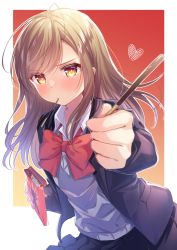 Rule 34 | 1girl, black jacket, black skirt, blush, border, bow, bowtie, brown hair, candy, collared shirt, cowboy shot, food, gradient background, heart, highres, holding, holding food, jacket, kisukekun, long hair, mouth hold, open clothes, open jacket, original, outline, pleated skirt, pocky, pocky day, red bow, red bowtie, religious offering, school uniform, shirt, sidelocks, skirt, solo, white shirt, yellow eyes