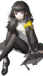 Rule 34 | 1girl, arknights, arknights: endfield, arm support, black footwear, black hair, black hood, black jacket, black pantyhose, black shorts, blue eyes, blunt bangs, breasts, closed mouth, commentary, endministrator (arknights), eyelashes, female endministrator (arknights), foot out of frame, from side, grey eyes, hair intakes, hair ornament, hairclip, hand on own chin, hand up, high collar, highres, hood, hood down, hooded jacket, invisible floor, jacket, knees up, layered sleeves, long sleeves, looking at viewer, looking to the side, medium breasts, open clothes, open jacket, pantyhose, ribbed sweater, shadow, shoes, short hair, short shorts, shorts, sidelocks, simple background, sitting, smile, soho (user dphk5745), solo, sweater, two-tone eyes, white background, white sweater, wide sleeves