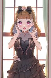 1girl :o absurdres awestruck black_bow black_dress blunt_bangs blurry blurry_background blush bow braid brown_hair center-flap_bangs clenched_hand collarbone commentary_request dress dress_flower flower frilled_dress frills hair_bow hair_flower hair_ornament hands_up highres kachimachi_kosuzu link!_like!_love_live! long_hair looking_at_viewer love_live! open_mouth panaham pink_eyes rose see-through_clothes side_braids sleeveless sleeveless_dress solo sparkly_spot_(love_live!) teeth upper_teeth_only virtual_youtuber white_flower white_rose window