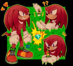 Rule 34 | 1boy, 9474s0ul, ?, ??, animal nose, artist name, black border, border, chaos emerald, clenched hands, clenched teeth, closed mouth, furry, furry male, gloves, green background, green outline, grin, highres, holding, knuckles the echidna, male focus, multiple views, out of frame, outline, outside border, purple eyes, red footwear, sharp teeth, shoes, smile, sonic (series), squiggle, standing, tail, teeth, white gloves