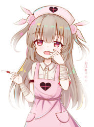 Rule 34 | &gt; &lt;, 1girl, :d, apron, bandaged arm, bandages, blush, collared shirt, commentary request, dress shirt, fang, hair between eyes, hair ornament, hand to own mouth, hat, head tilt, heart, holding, holding syringe, light brown hair, long hair, looking at viewer, natori sana, nurse, nurse cap, open mouth, pink apron, pink hat, puffy short sleeves, puffy sleeves, rabbit hair ornament, red eyes, sana channel, satori (ymoy), shirt, short sleeves, simple background, smile, solo, syringe, translation request, two side up, very long hair, virtual youtuber, white background, white shirt