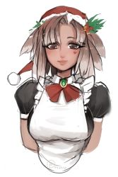 Rule 34 | 1girl, alternate skin color, animal ears, apron, bad id, bad tumblr id, black dress, bow, bowtie, breasts, brown eyes, brown hair, christmas, closed mouth, cropped torso, dog ears, dress, facial mark, hair ornament, hat, heart, highres, kikimora (monster girl encyclopedia), large breasts, looking at viewer, maid, maid apron, matilda fiship, medium breasts, mistletoe, monster girl, monster girl encyclopedia, patreon logo, patreon username, pink lips, puffy short sleeves, puffy sleeves, red bow, red bowtie, red hat, santa hat, short sleeves, simple background, sketch, smile, solo, upper body, white background