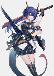 Rule 34 | 1girl, arknights, belt, black gloves, black jacket, black shorts, blue hair, ch&#039;en (arknights), chi xiao (arknights), collared shirt, dragon horns, dragon tail, dual wielding, echj, fingerless gloves, gloves, highres, holding, holding sword, holding weapon, horns, jacket, long hair, looking at viewer, multiple belts, open clothes, open jacket, over-kneehighs, red eyes, shirt, short shorts, short sleeves, shorts, simple background, solo, sword, tail, thighhighs, thighs, torn clothes, torn jacket, weapon, white background, white shirt